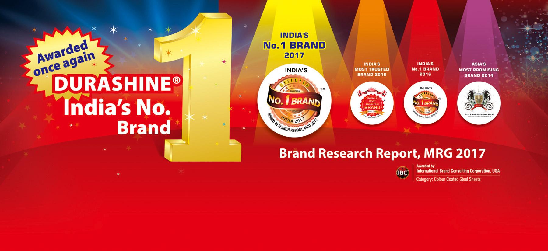 DURASHINE promotional banner naming it India’s No. 1 colour-coated steel sheet brand, MRG Brand Research Report 2017