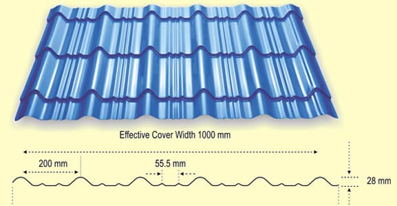 DURASHINE steel tile profile drawing showing the 1090 mm overall width and 28 mm rib height