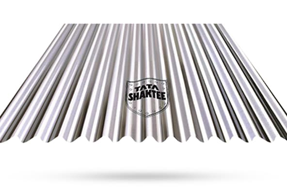 A stack of Tata Shaktee galvanised corrugated steel sheets